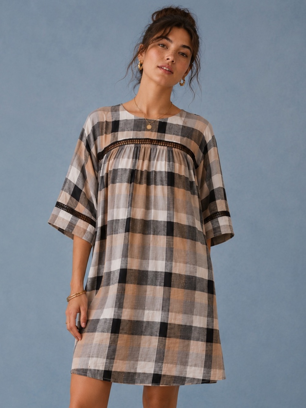 Anthropologie Maeve Plaid Swing Dress Small Gray Buffalo Check